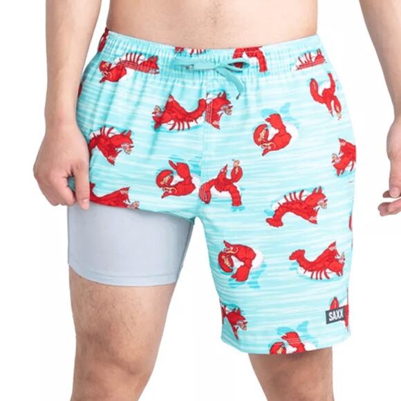 SAXX Swim Trunks Blue Aqua Red Lobster Print 7 inch Oh Buoy 2N1 Size XL NWT - Picture 1 of 15